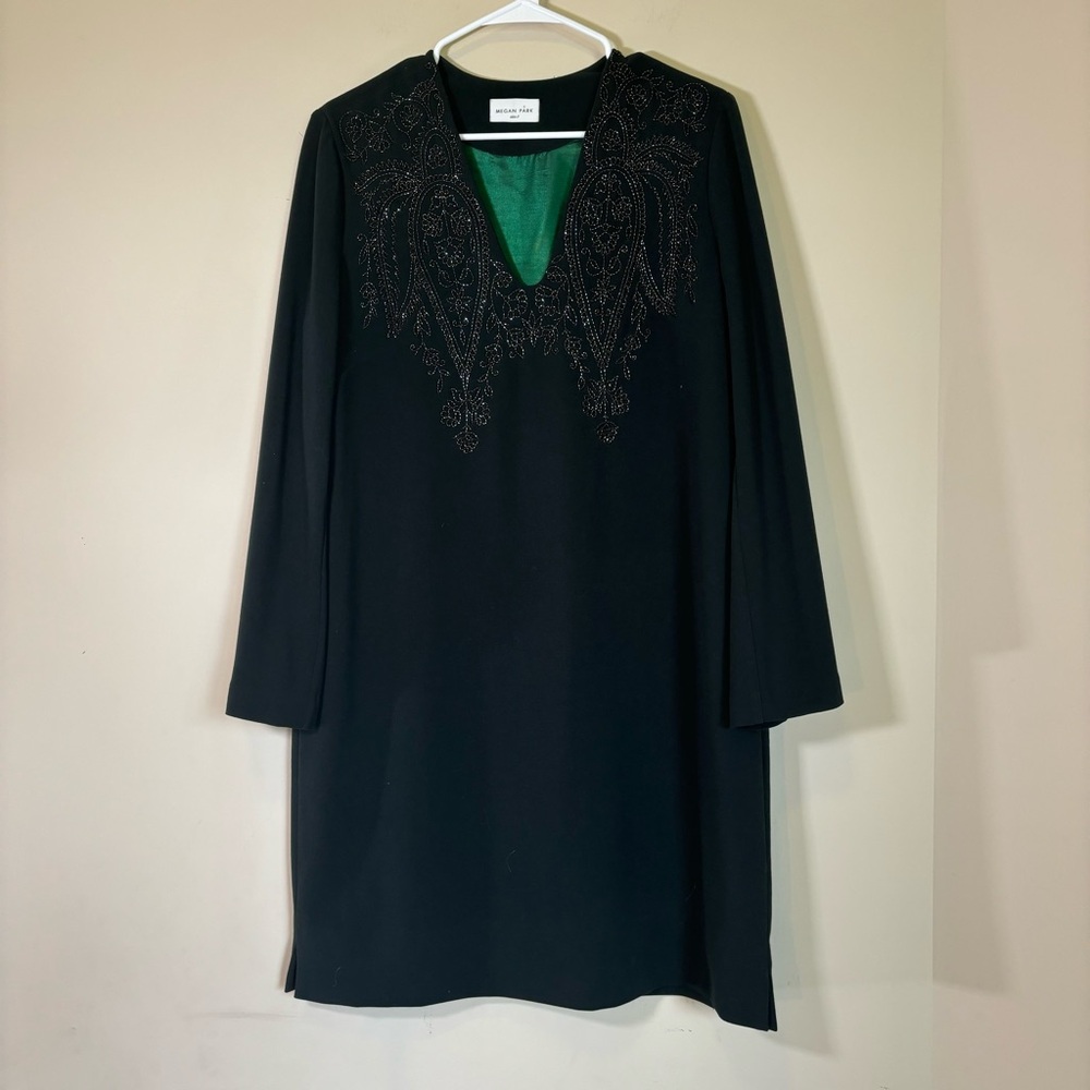 Megan Park Shift‎ Dress Women Size 3 Black Beaded Paisley V-Neck Bell Sleeve